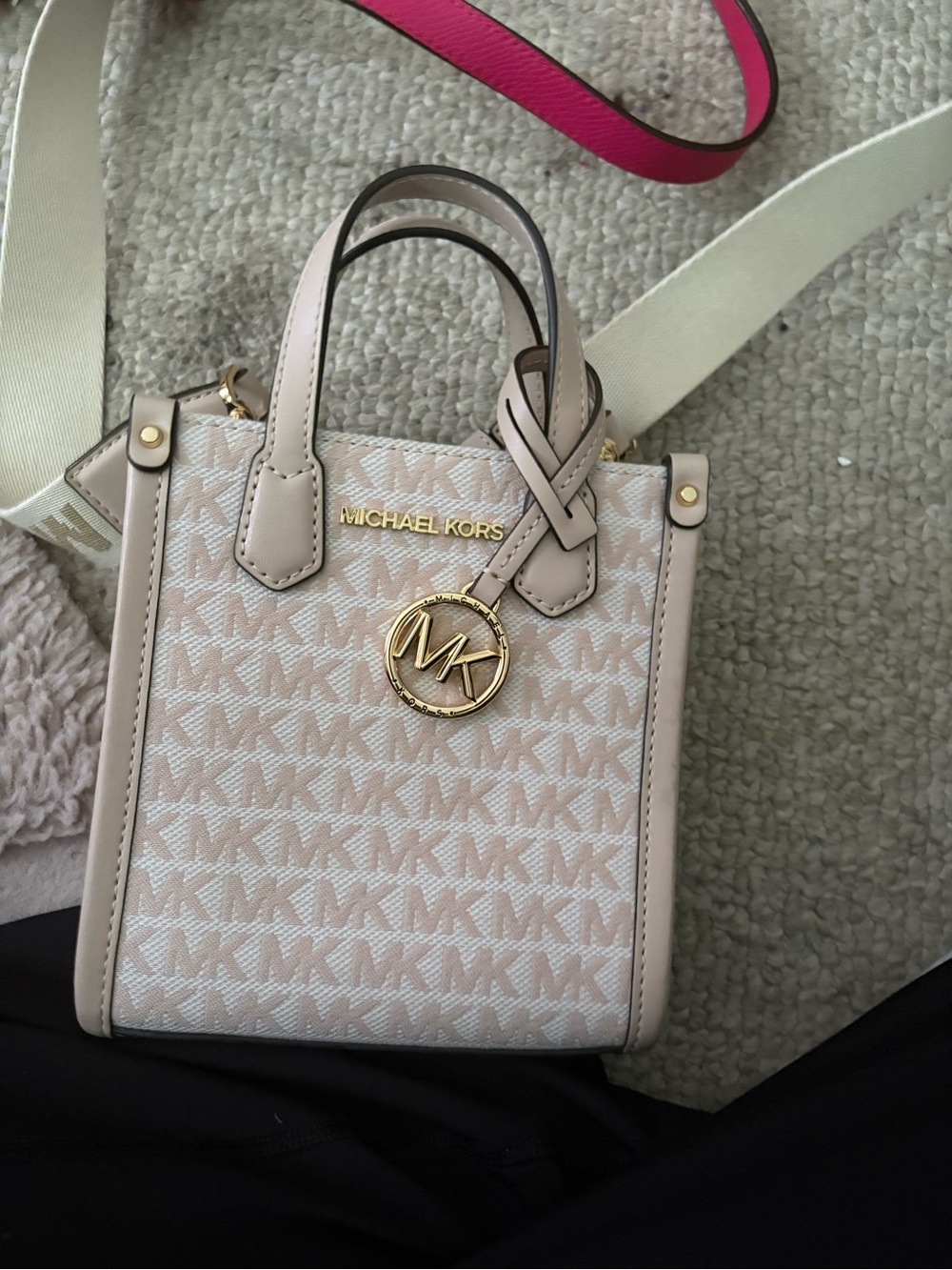 Michael Kors Beige/Light Pink Mini Logo Tote with Gold MK Charm